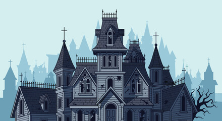 Fototapeta premium Large spooky haunted mansion with many towers, crosses, and broken windows stands before a silhouette of a dark city under a pale blue foggy sky.