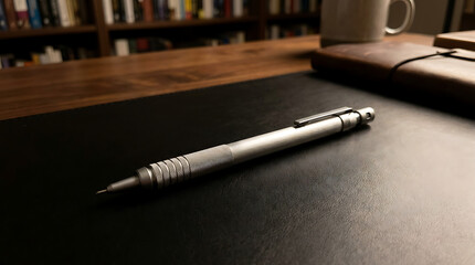 Fototapeta premium Detailed mechanical pencil resting on a dark textured surface with a bookcase background