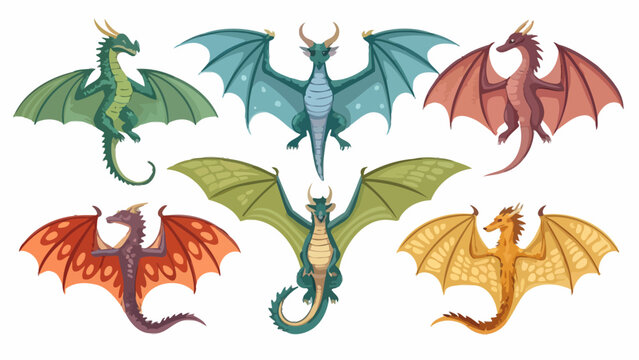 Set of colorful dragons with wings spread, fantasy creatures in various poses, mythical beasts collection