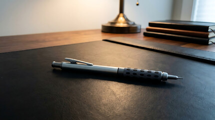Fototapeta premium Modern Mechanical Pencil Rests on Textured Leather Desk Surface Beside Lamp and Notebooks