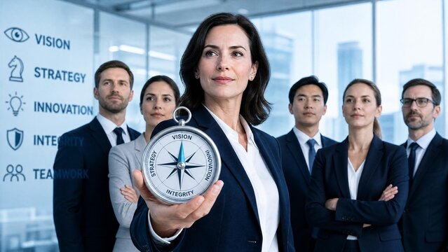 Confident business leader with diverse team holding a compass, symbolizing strategy and vision in a modern office.