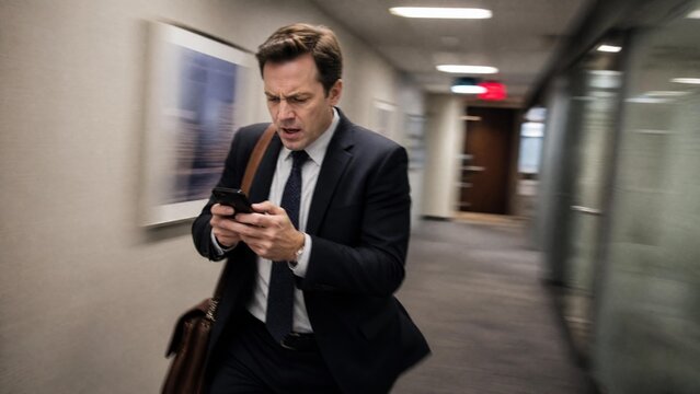 Businessman rushing down office hallway, looking stressed at smartphone, motion blur