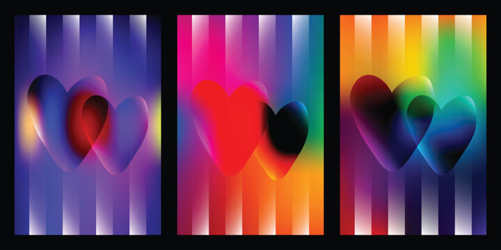 Set of three holographic gradient backgrounds with translucent shapes