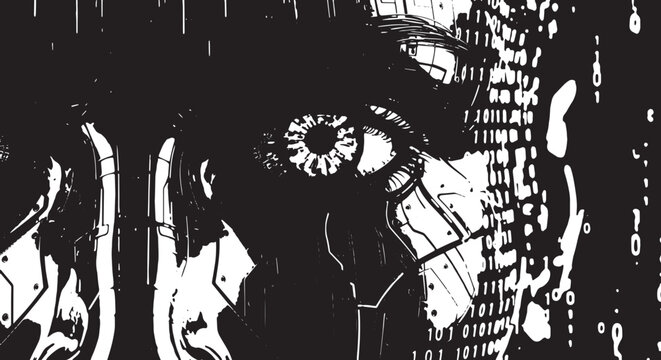 Cyberpunk abstract illustration of a digital eye with binary code. Dark futuristic concept of artificial intelligence, hacking, and cyber surveillance