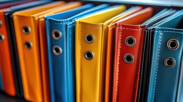 Colorful leather folders arranged neatly.
