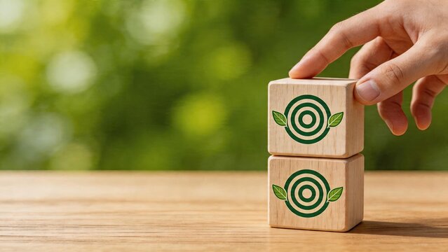 Business man stacking wooden blocks with green target logo ecofriendly growth strategy environmental sustainability concept nature conservation project development