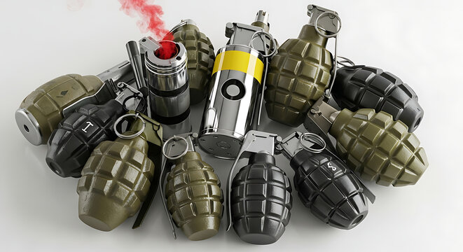 Collection of explosive grenades isolated on a white background