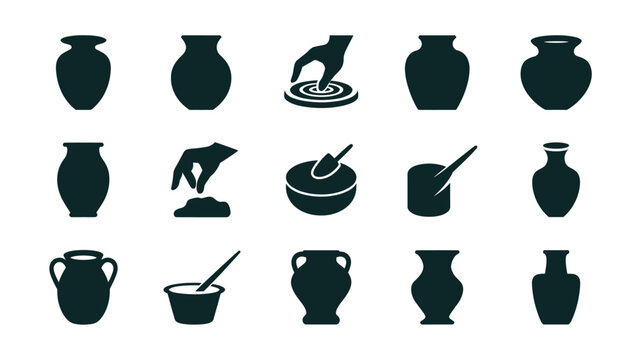 Set of 15 Black Pottery Making and Clay Vases Vector Icons