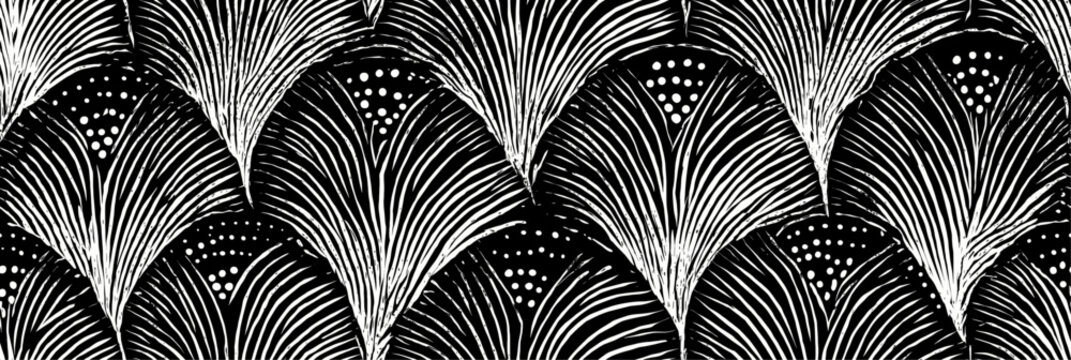 Art deco style seamless pattern with abstract feathers. Repeating white abstract feather shapes forming a stylized black and white pattern