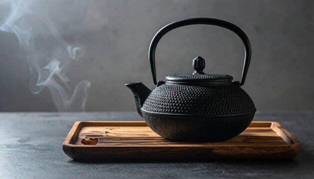 Traditional Japanese Cast Iron Teapot on Tray.