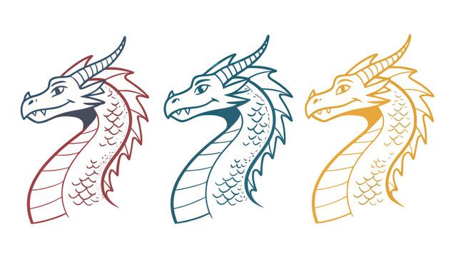 Set of three stylized dragon head illustrations in red, blue, and yellow colors, vector graphic design elements for fantasy themes
