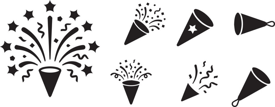 Celebration Fireworks Confetti Icon Set Party Burst Festive Explosion Symbols Silhouette Vector Illustration