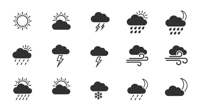 Weather icons depict sunny, cloudy, rainy, stormy, windy, snowy conditions and various meteorological symbols.