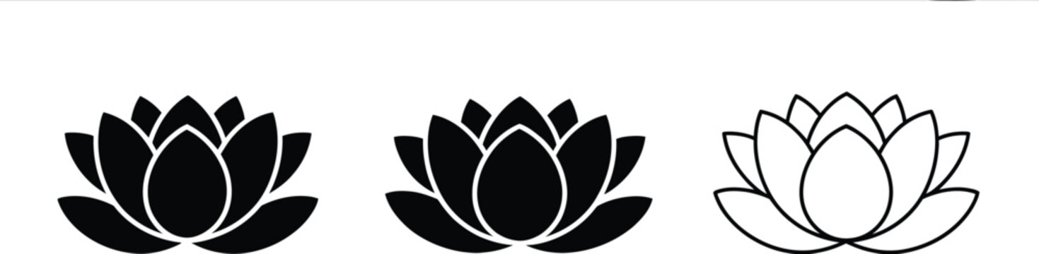 Three lotus flower designs black and white vector illustration arranged in row for floral decorative pattern and meditation concept