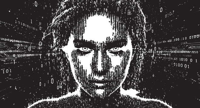 Artificial intelligence concept with human face composed of binary code. Digital cyborg head silhouette representing machine learning and data processing