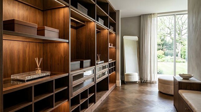 Luxurious walk-in closet with custom wood cabinetry, integrated lighting, and a large mirror reflecting a serene garden view.