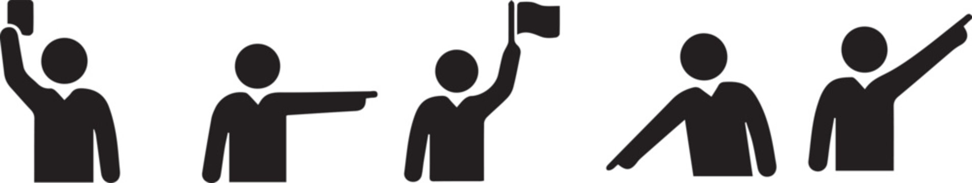 football referee gesture and signal icon set including foul offside yellow card red card whistle sports official silhouette vector