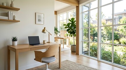 Obraz premium Bright modern home office with large windows and lush green garden view comfortable workspace with laptop and plants