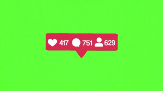 Social media engagement display with dynamic likes, comments, and follower counts in a red notification bubble on a green screen, ideal for digital content