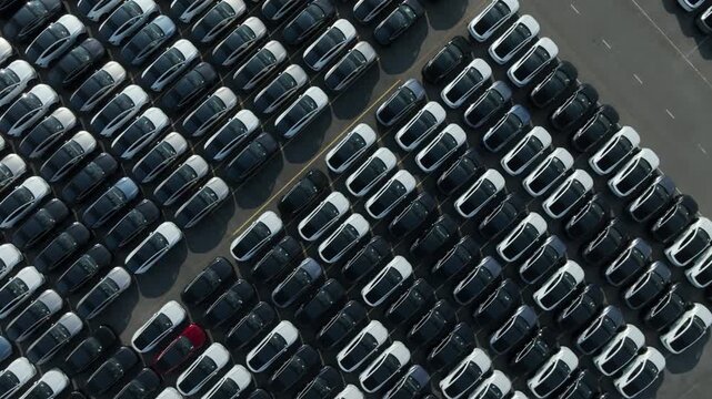 Aerial view car for sale stock lot row, Cars dealership inventory distribution automobile and automotive business.	
