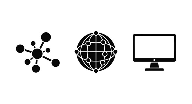 Vector illustration of set of technology icons including network, global connection and computer monitor on a transparent background