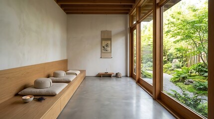 Fototapeta premium Serene Japanese Zen meditation room with tatami cushions overlooking a tranquil garden with bamboo and lush greenery, natural light