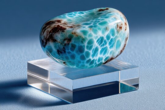 Larimar Gemstone's Serene Presence: A polished larimar gemstone rests elegantly on a transparent block, against a soft blue backdrop, showcasing its unique patterns and ocean-like hues.