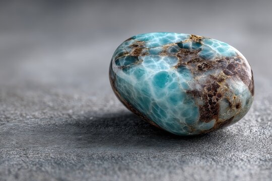 Larimar Gemstone's Serenity: a close-up image showing a single, captivating larimar gemstone, with its unique blend of turquoise and brown hues, lies elegantly against a muted grey background.