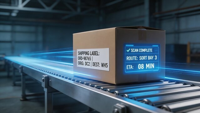 Box on conveyor belt in warehouse