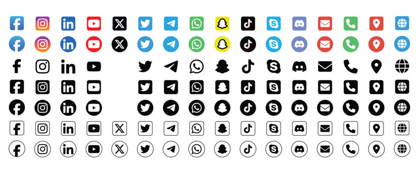 Diverse social media icons vector collection in multiple styles