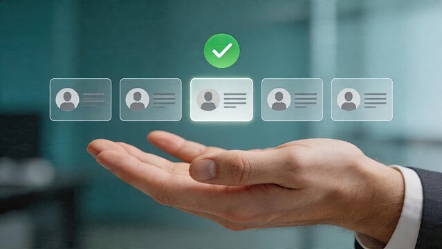 Businessman holding digital user interface selection in hand with green check mark verifying customer profile data for security authentication and access control system concept