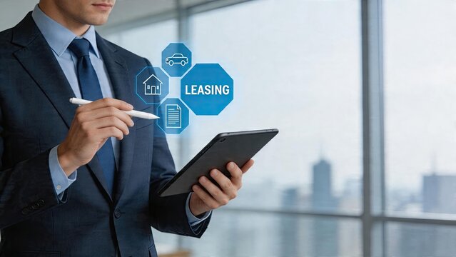 Businessman holding tablet digital leasing concept with house and car icons
