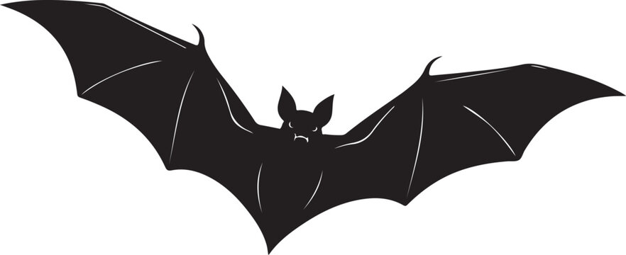 Black bat silhouette with outstretched wings on white flying