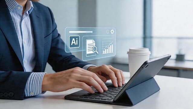 Businessman typing on tablet with holographic artificial intelligence interface floating above showing data analytics and document search modern office workspace technology concept