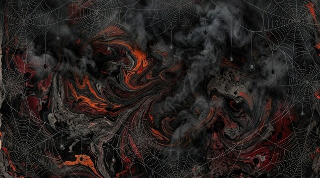 A dark, dramatic image featuring a swirling, chaotic pattern resembling molten lava overlaid with a complex spiderweb.