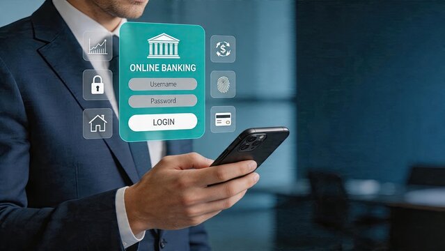 Businessman holding smartphone accessing online banking application with holographic security features financial services digital payment secure login mobile finance technology in