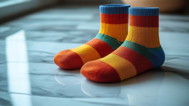 Colorful striped socks on marble floor.