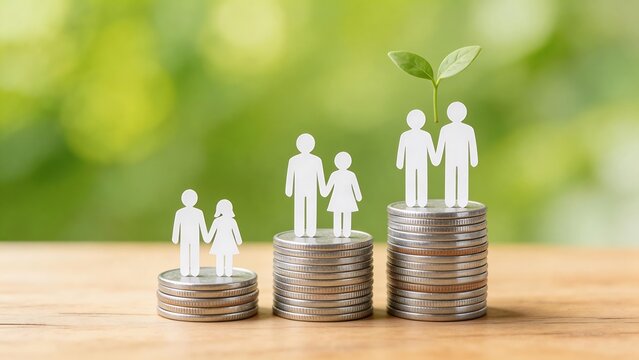 Paper family figures on stacked coins