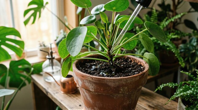 Woman using glass pipette to apply liquid fertilizer to potted pilea plant. Indoor gardening and professional plant care. Cultivation and soil nutrition concept for home greenhouse.