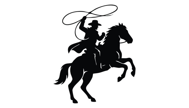 Cowboy silhouette with rope lasso on horse vector illustration isolated on white background for rodeo western design