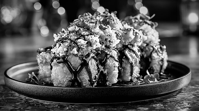 Gourmet sweet potato crunch sushi in dramatic black and white