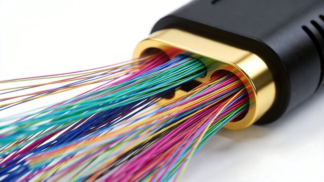 Colorful fiber optic cables emerging from connector