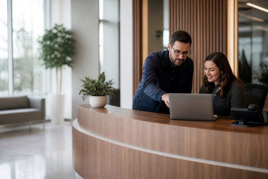 IT support technician helping small business employee 
at office desk, technology assistance concept