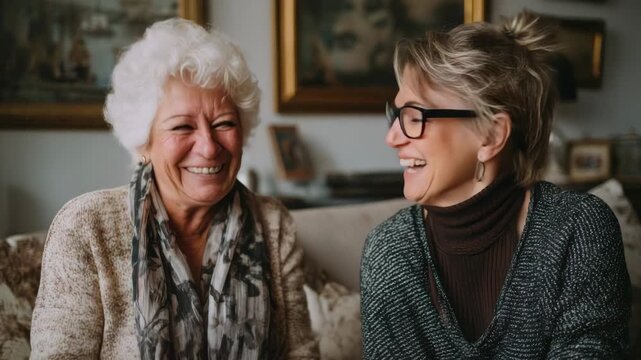 Two women of different generations laughing heartily while looking at old photographs together