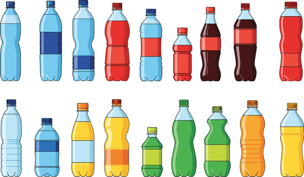 Colorful beverage bottle collection with soda, juice, water, and sports drink packaging in diverse shapes and designs