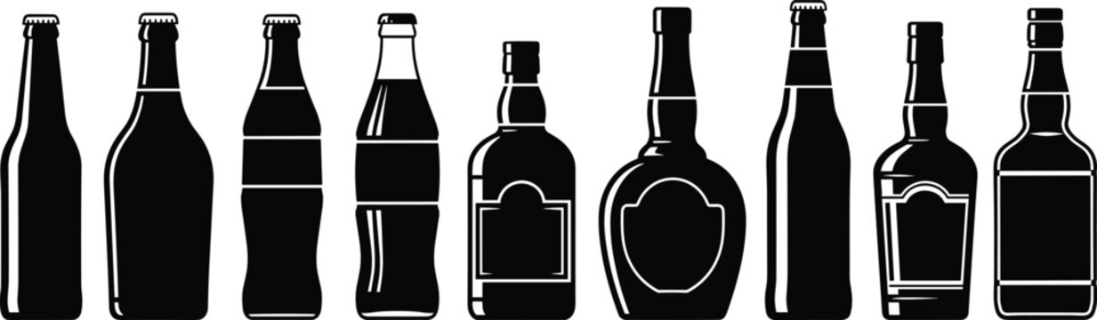 Black silhouette collection of diverse beverage bottles for beer, soda, and liquor packaging design illustration
