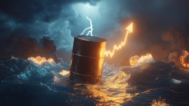  Oil barrel on the sea and explosion with a candlestick chart