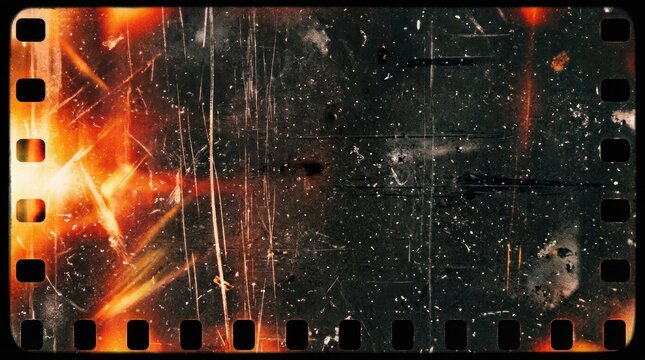 A vintage film strip displays a blurred, fiery image with scratches and dust. The film strip itself is a dark, textured background, with visible perforations along its edges.