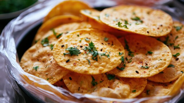 Crispy Indian snacks papdi or mathri garnished with fresh cilantro and spices