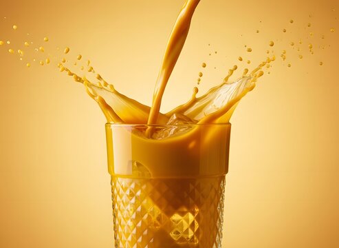 Amber liquid splash captured mid-air inside a textured glass, showcasing refreshment and vibrant motion against a warm gradient background